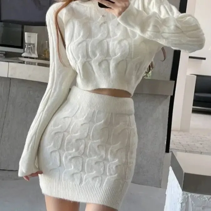 Lara Cable Knit Skirt & Cropped Sweater 2-Piece Set