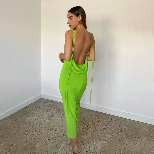 Lena Spaghetti Strap Sexy Backless Draped Maxi Dress