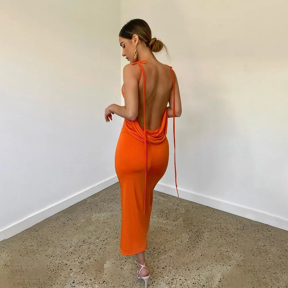 Lena Spaghetti Strap Sexy Backless Draped Maxi Dress