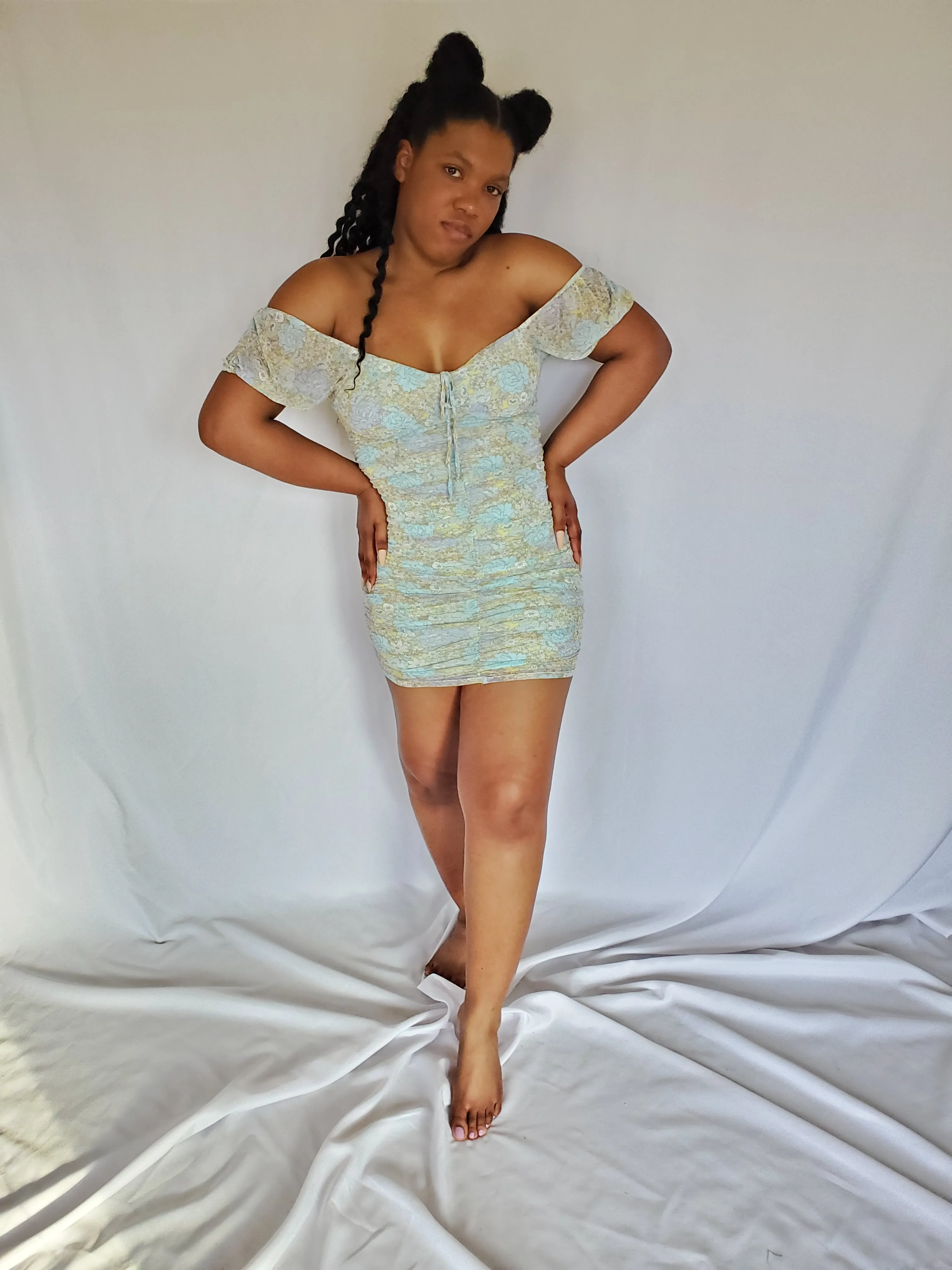 light blue ruched bodycon dress