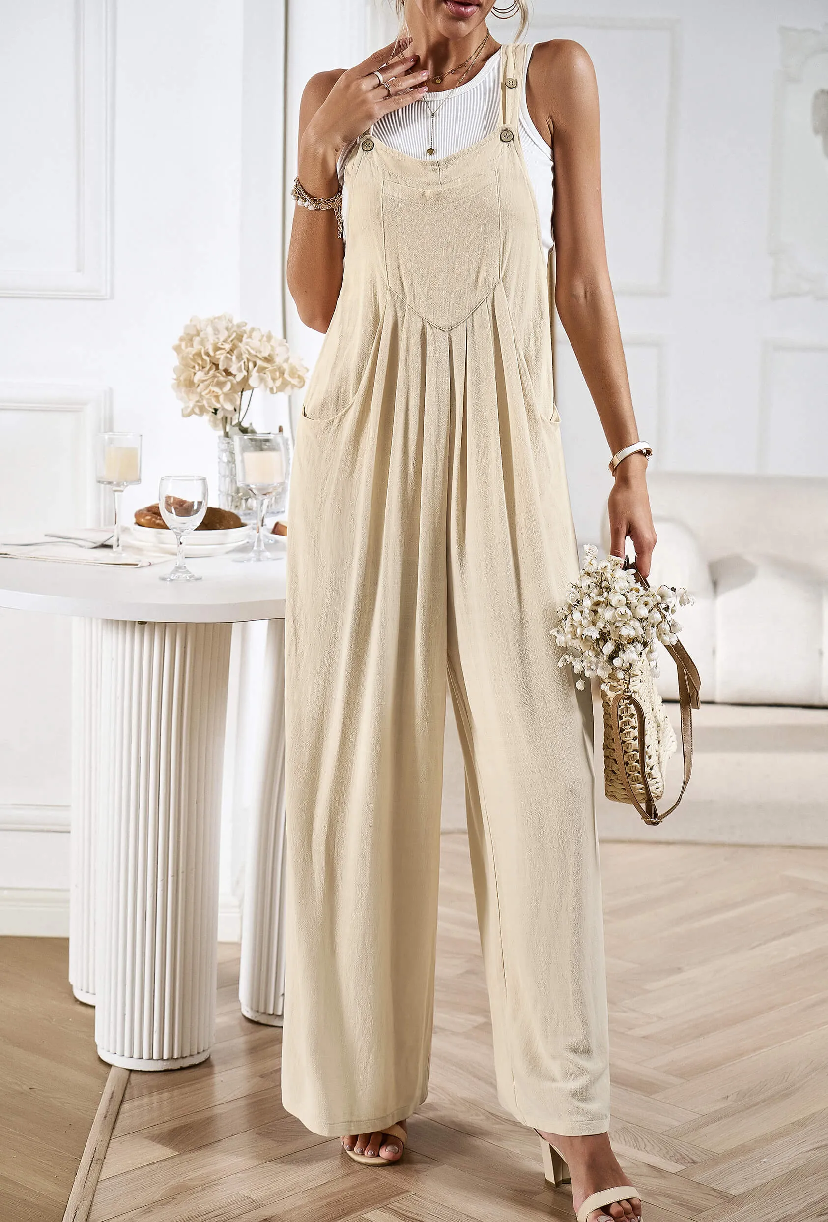 Linette Wide Leg Linen Overalls - Taupe