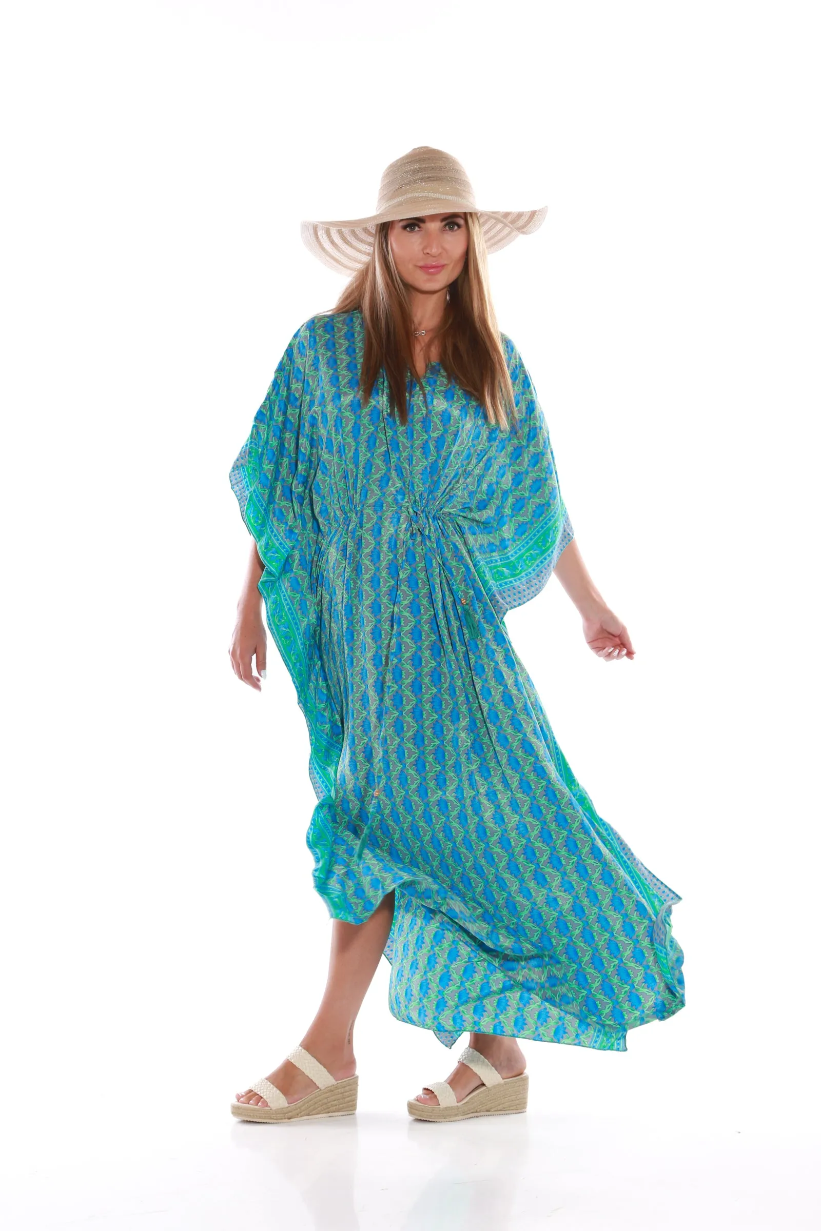 Long Kaftan dress- blue lotus print