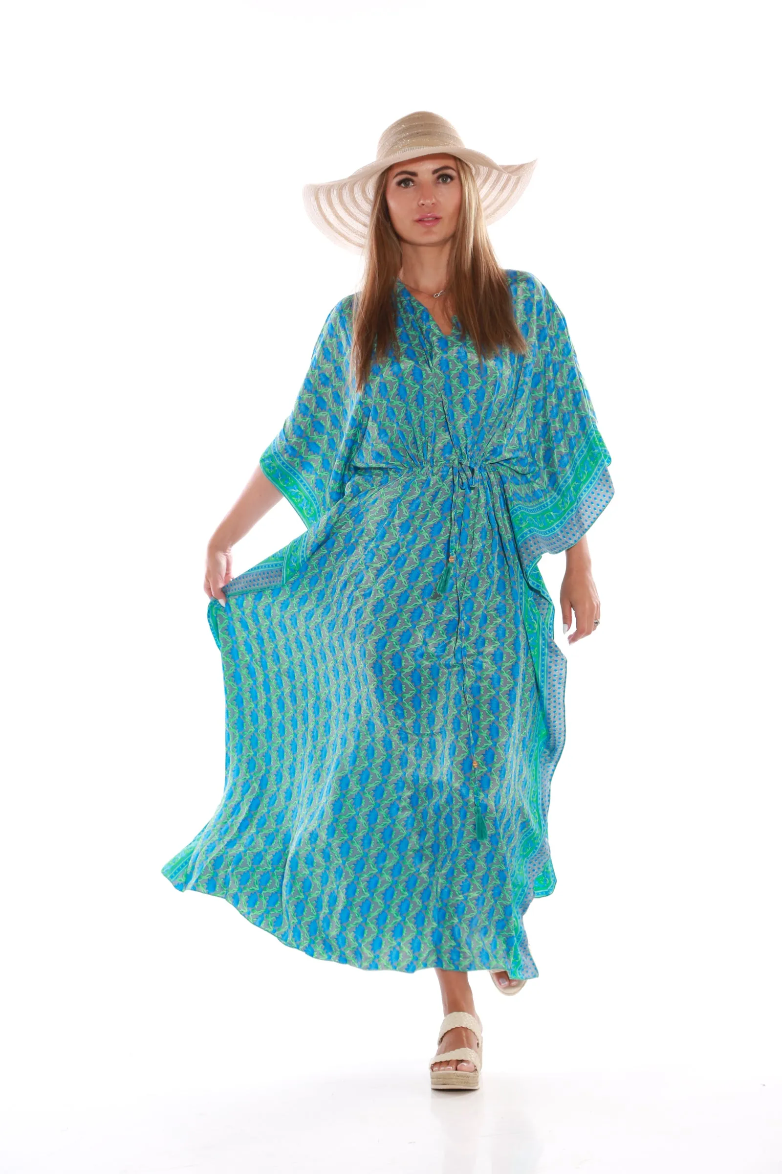 Long Kaftan dress- blue lotus print