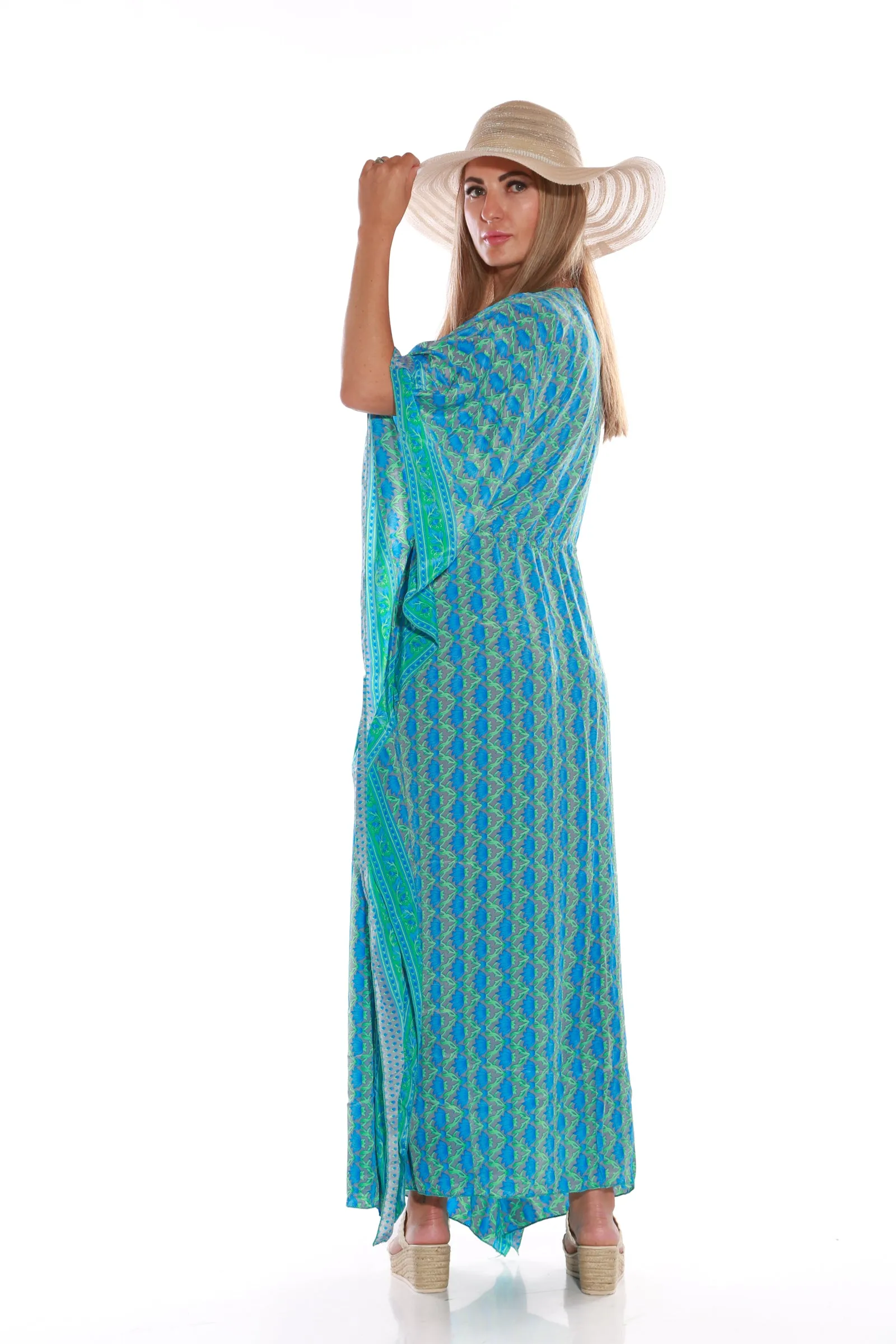 Long Kaftan dress- blue lotus print