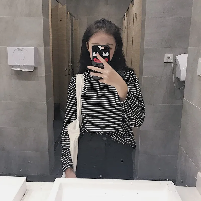 Long Sleeve Casual Black Striped Turtleneck Shirt