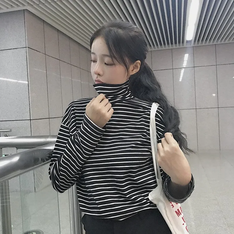 Long Sleeve Casual Black Striped Turtleneck Shirt