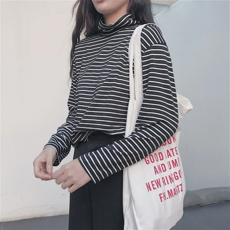 Long Sleeve Casual Black Striped Turtleneck Shirt