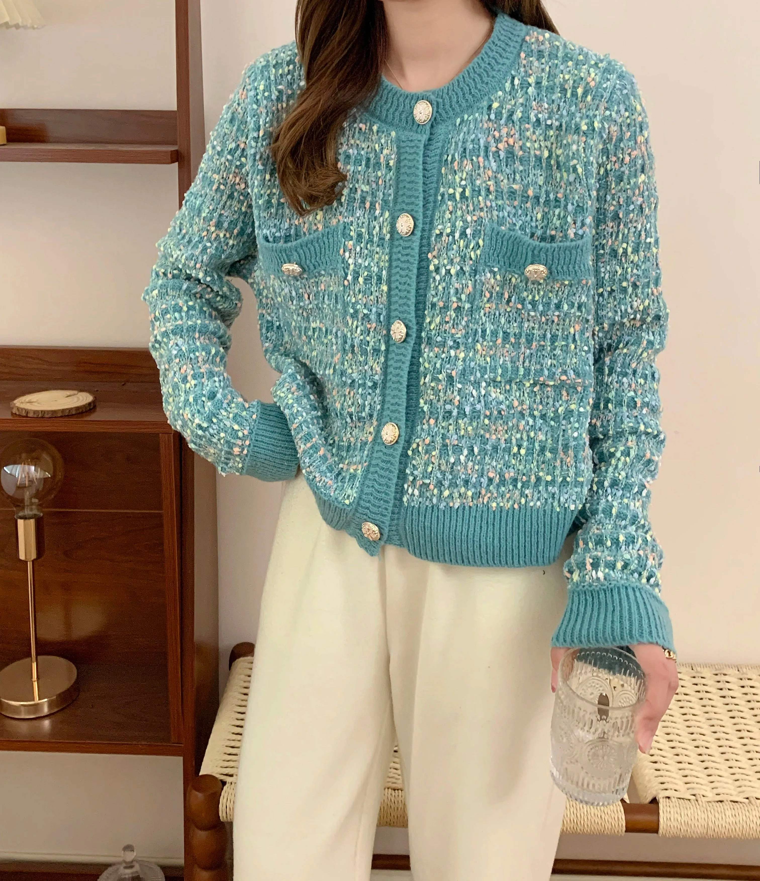 Long Sleeve Double Pocket Knitted Button Cardigan Sweater