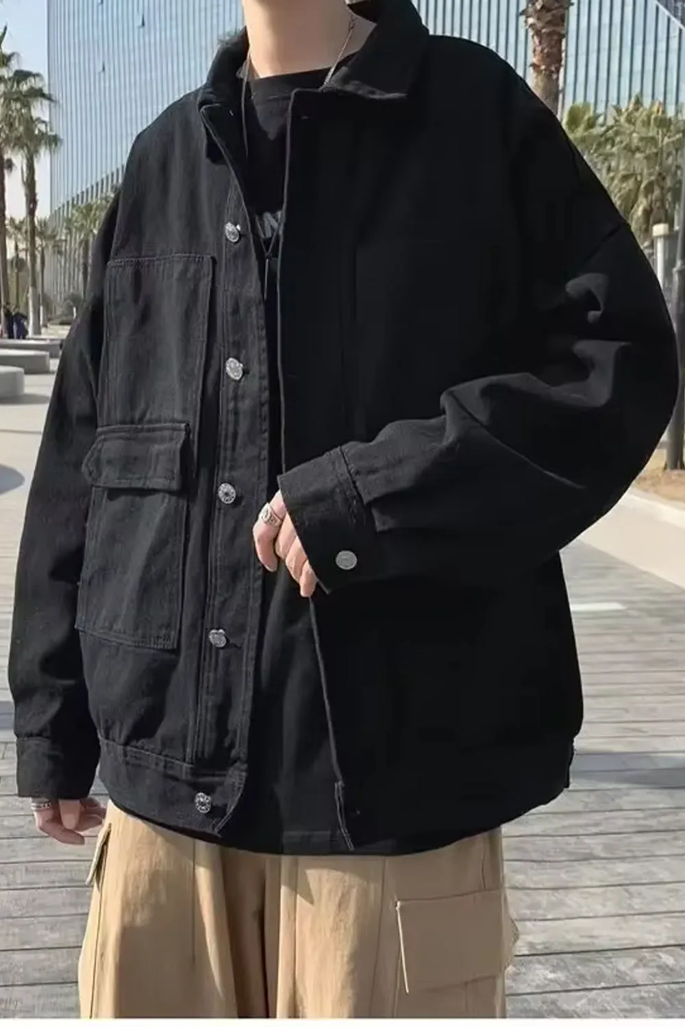 Long Sleeve Double Pockets Men Denim Jacket