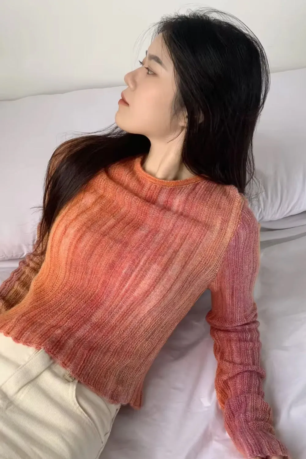 Long Sleeve Gradient Colors O-Neck Slim Sweater
