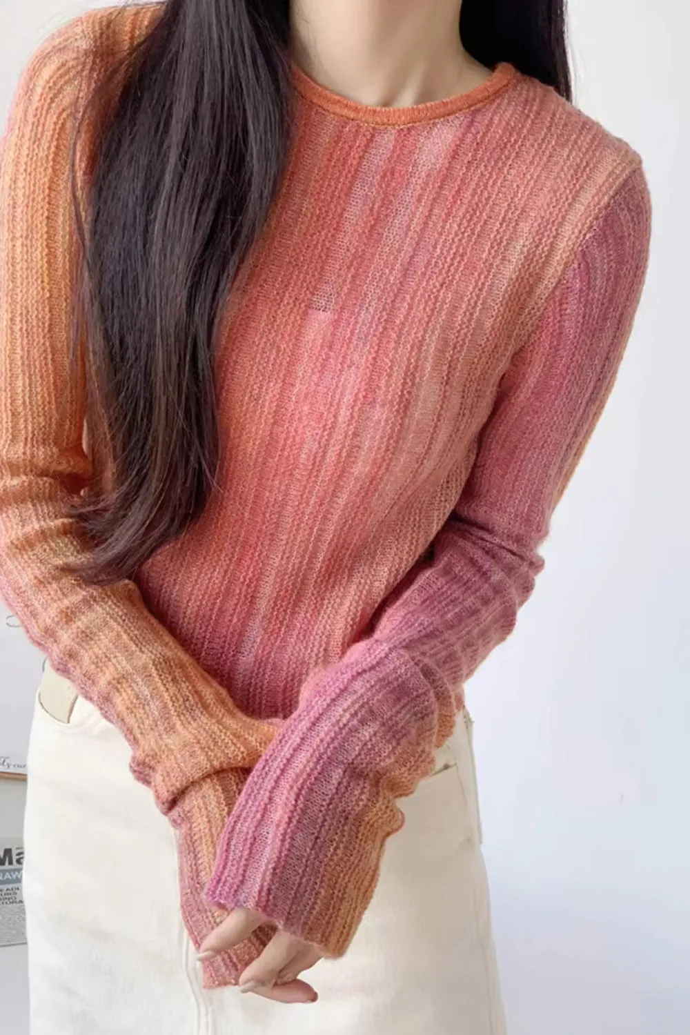 Long Sleeve Gradient Colors O-Neck Slim Sweater