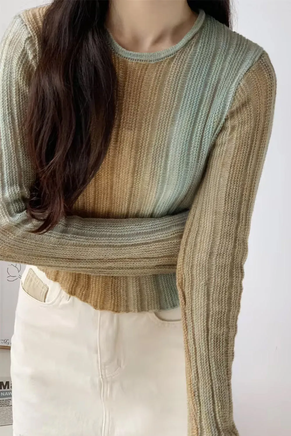 Long Sleeve Gradient Colors O-Neck Slim Sweater