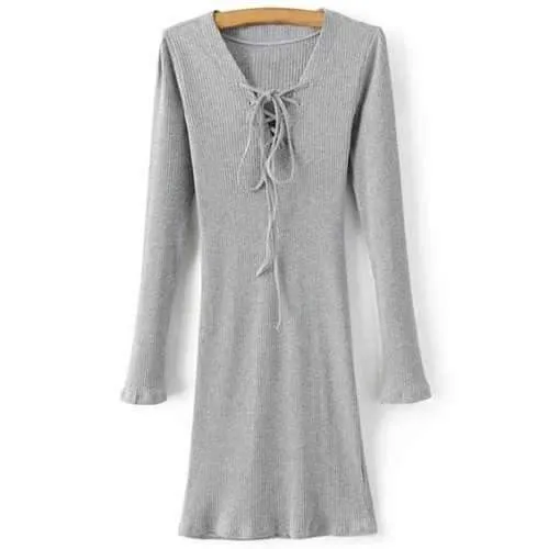 Long Sleeve Lace Up Mini Jumper Dress - Gray L