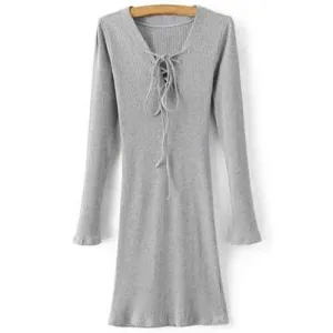 Long Sleeve Lace Up Mini Jumper Dress - Gray L