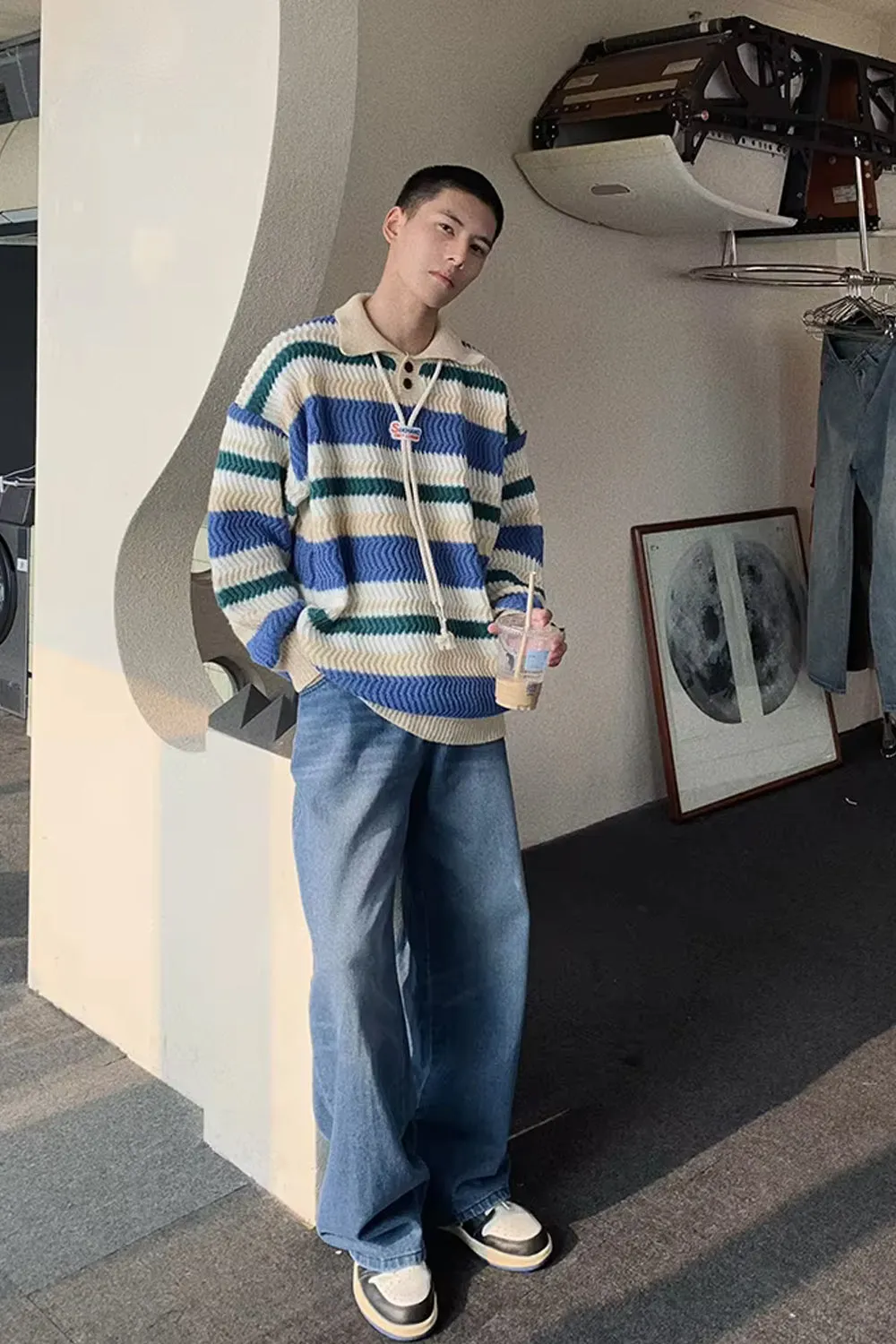 Long Sleeve Turn Down Collar Striped Sweater