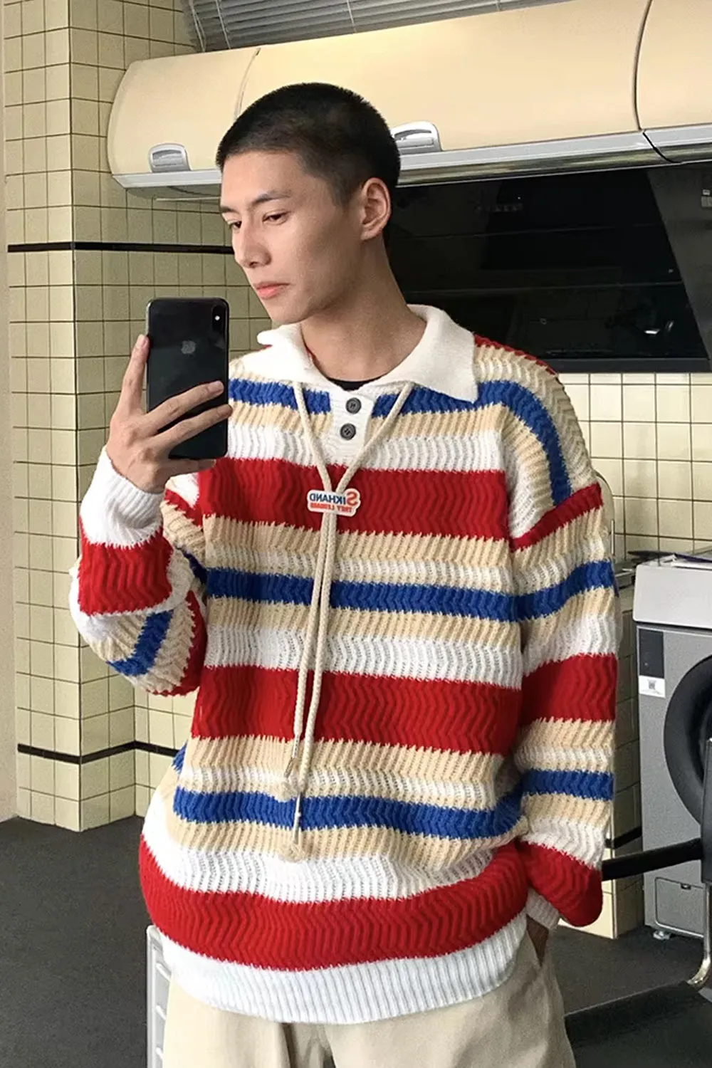 Long Sleeve Turn Down Collar Striped Sweater