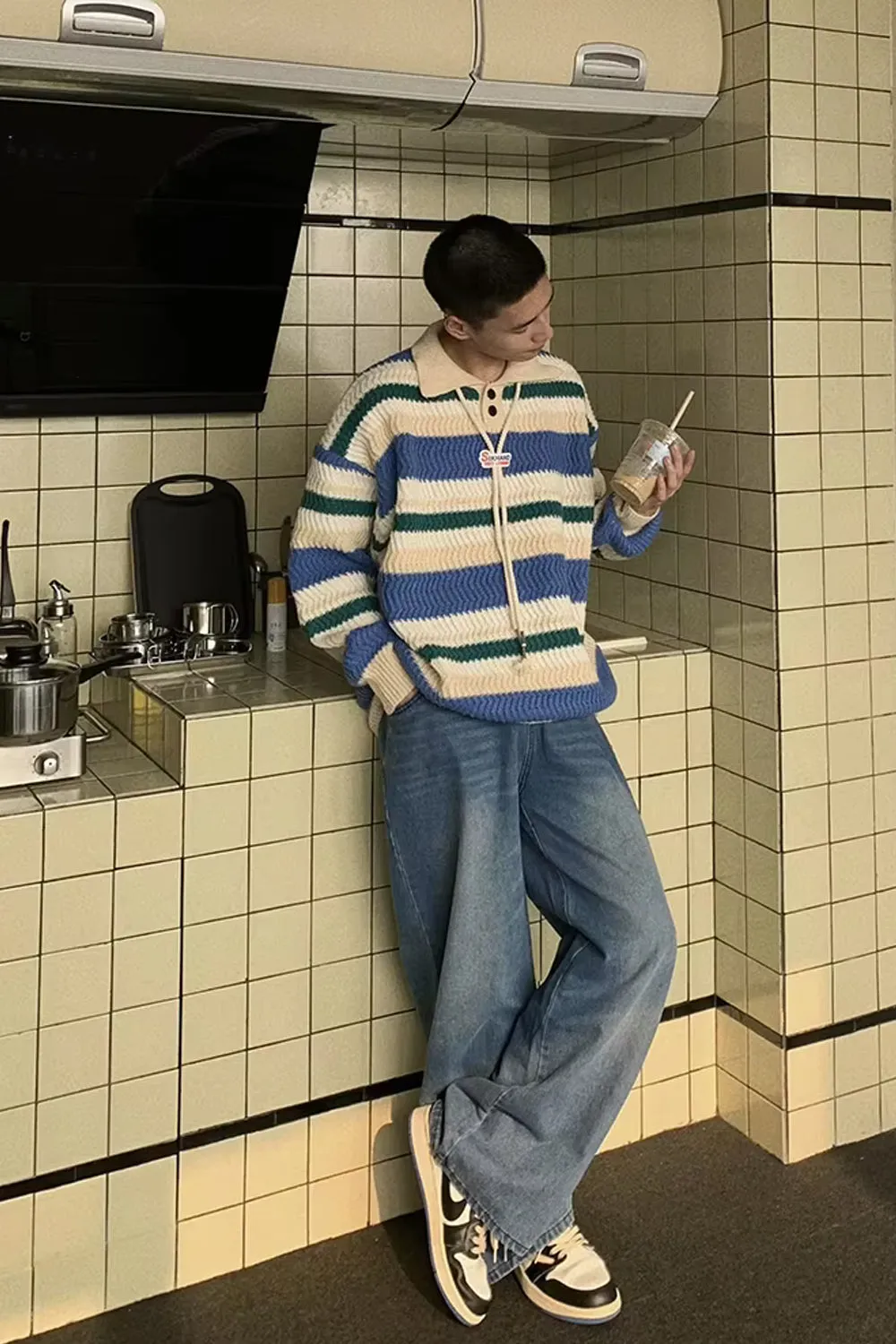 Long Sleeve Turn Down Collar Striped Sweater