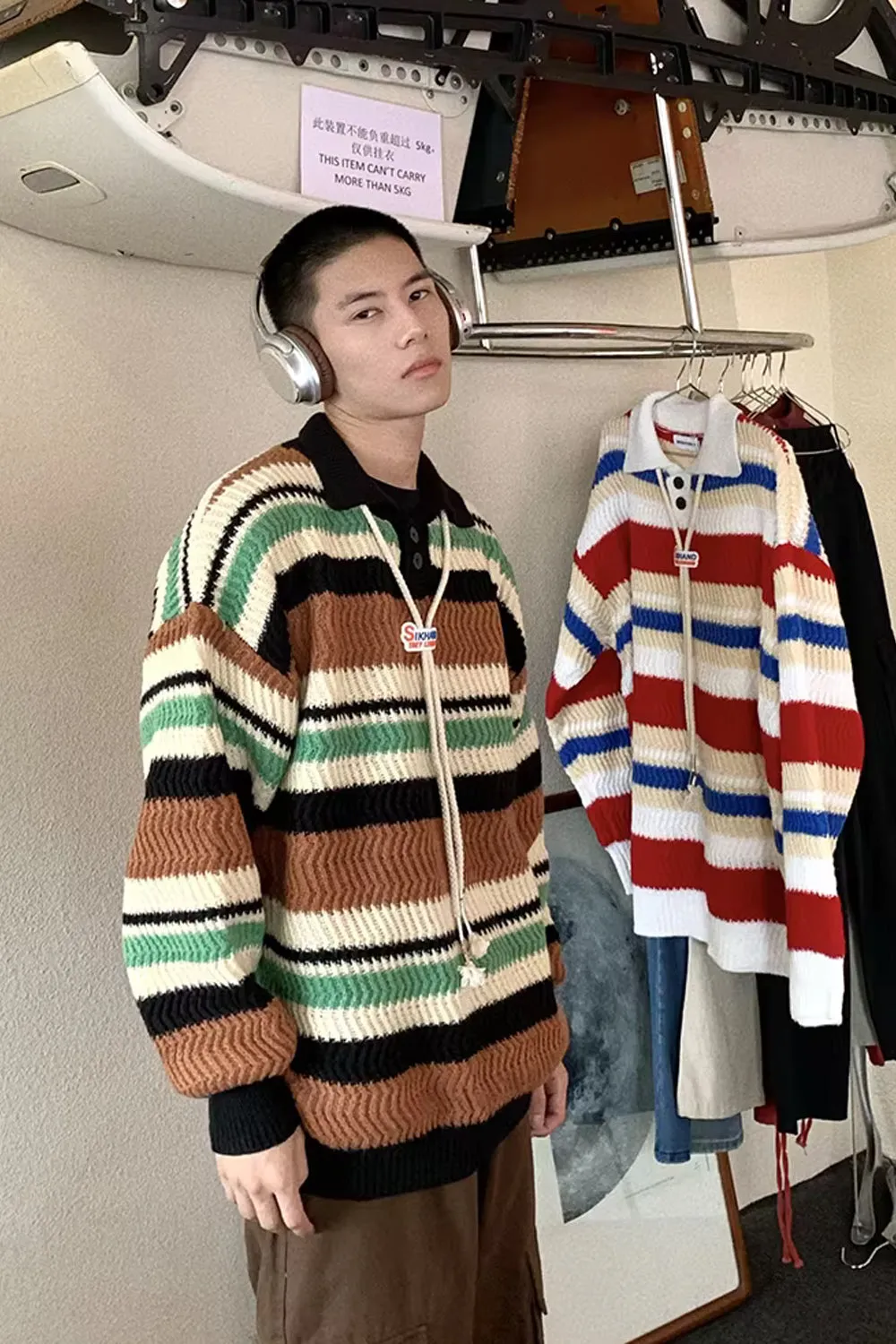 Long Sleeve Turn Down Collar Striped Sweater