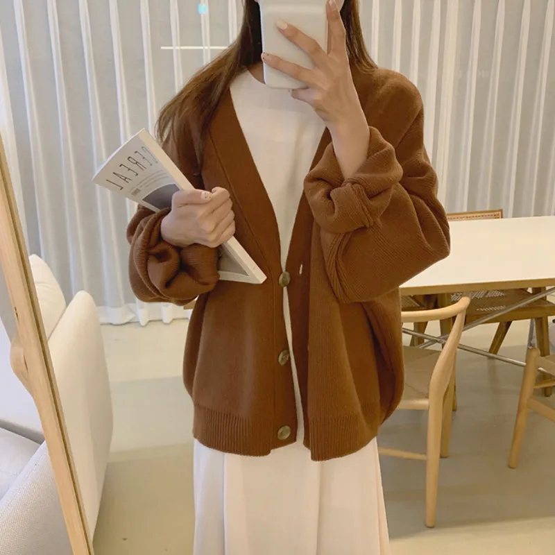 Long Sleeve V-Neck Button Up Knitted Loose Sweater