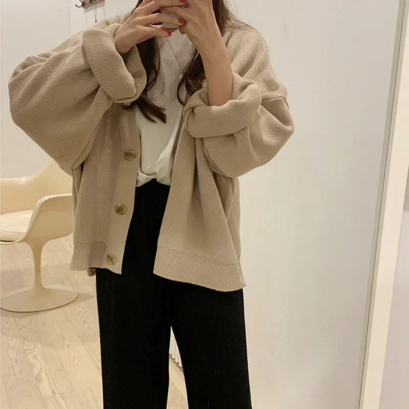 Long Sleeve V-Neck Button Up Knitted Loose Sweater