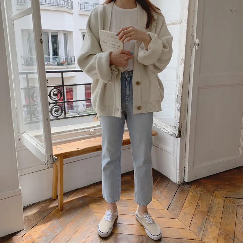 Long Sleeve V-Neck Button Up Knitted Loose Sweater
