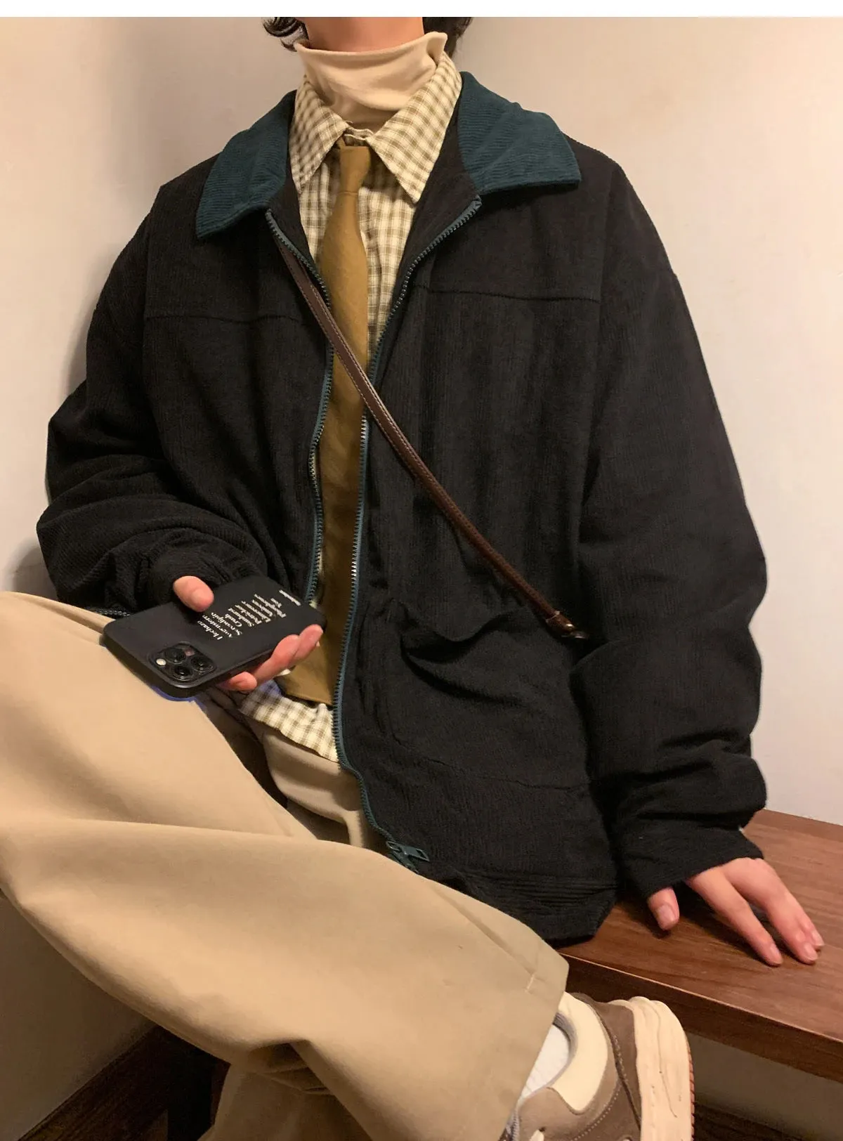 Loose Black Color Turn Down Collar Corduroy MEN Jacket