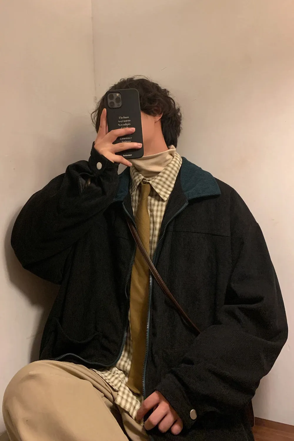 Loose Black Color Turn Down Collar Corduroy MEN Jacket