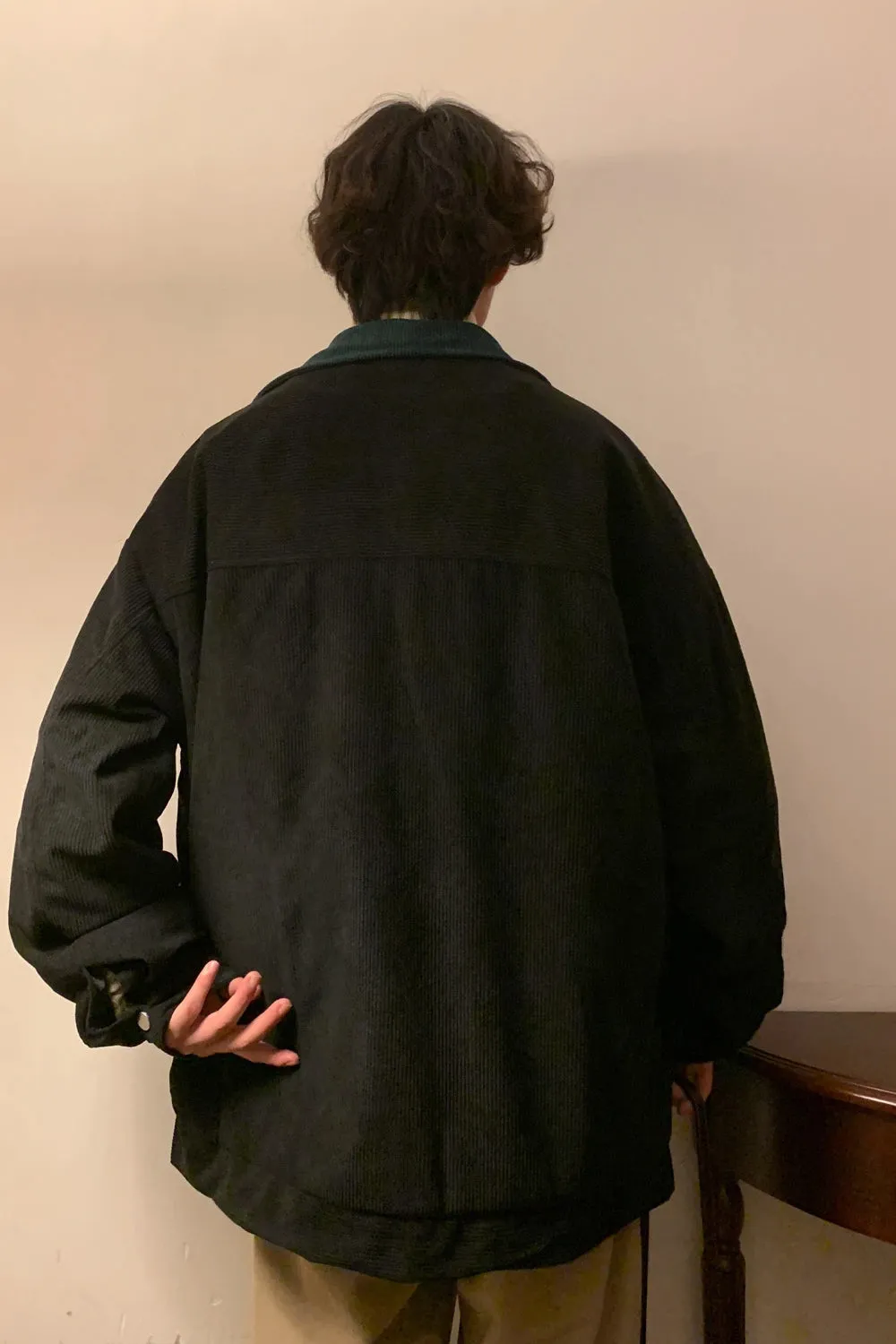 Loose Black Color Turn Down Collar Corduroy MEN Jacket