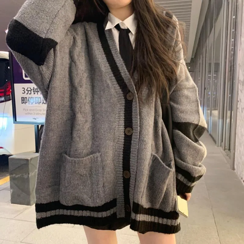 Loose Grey Striped Cardigan Sweater