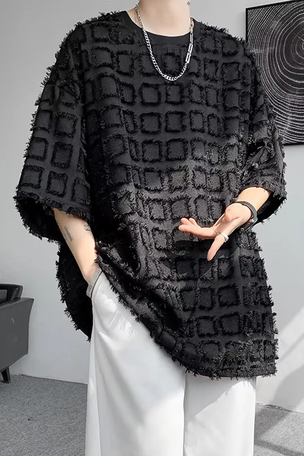 Loose Half Sleeve Ripped Plaid Pattern Men Shirt