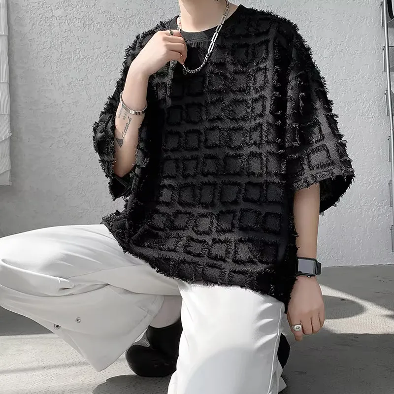 Loose Half Sleeve Ripped Plaid Pattern Men Shirt