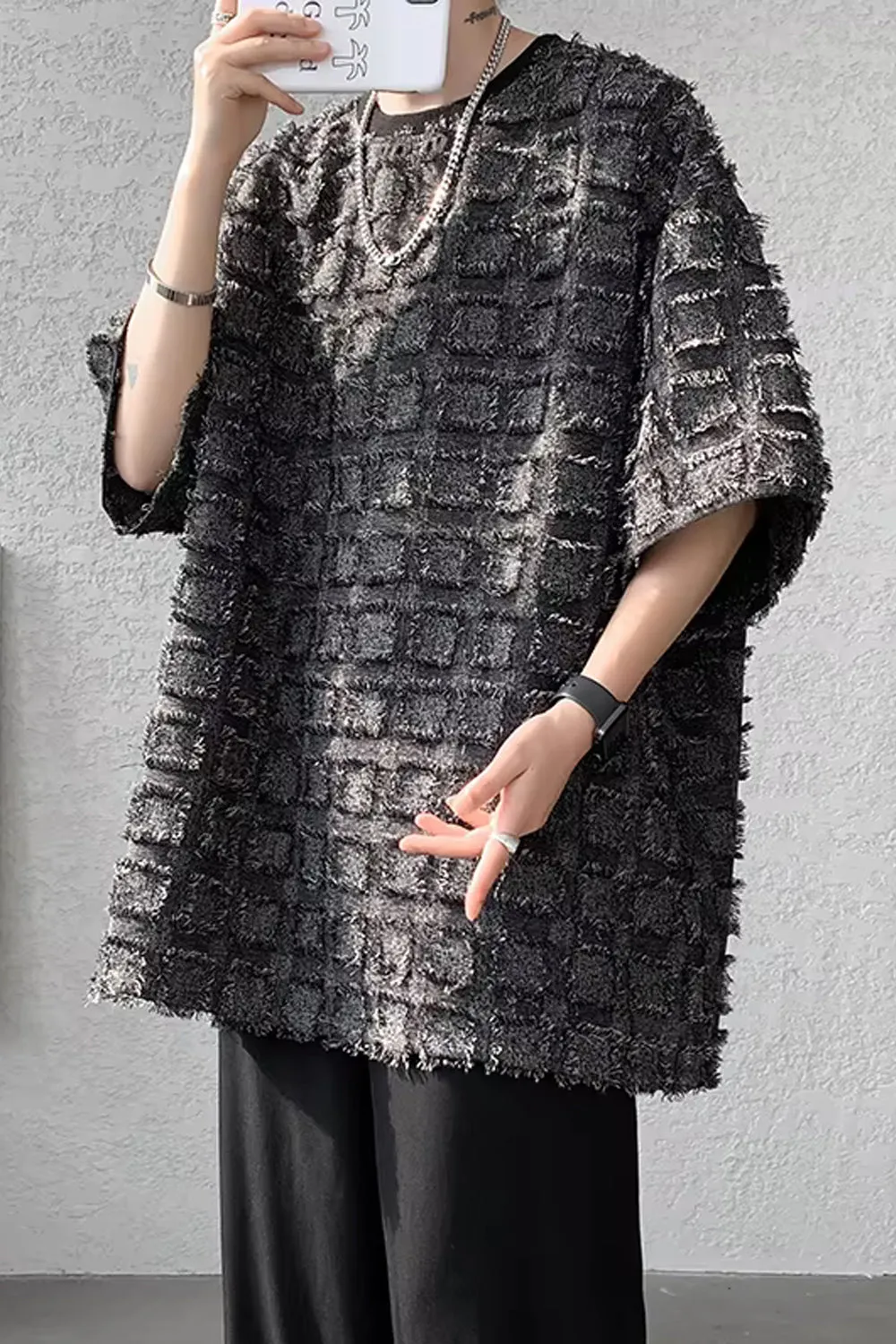 Loose Half Sleeve Ripped Plaid Pattern Men Shirt