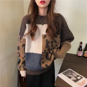 Loose Leopard Patchwork Retro Knitted Sweater