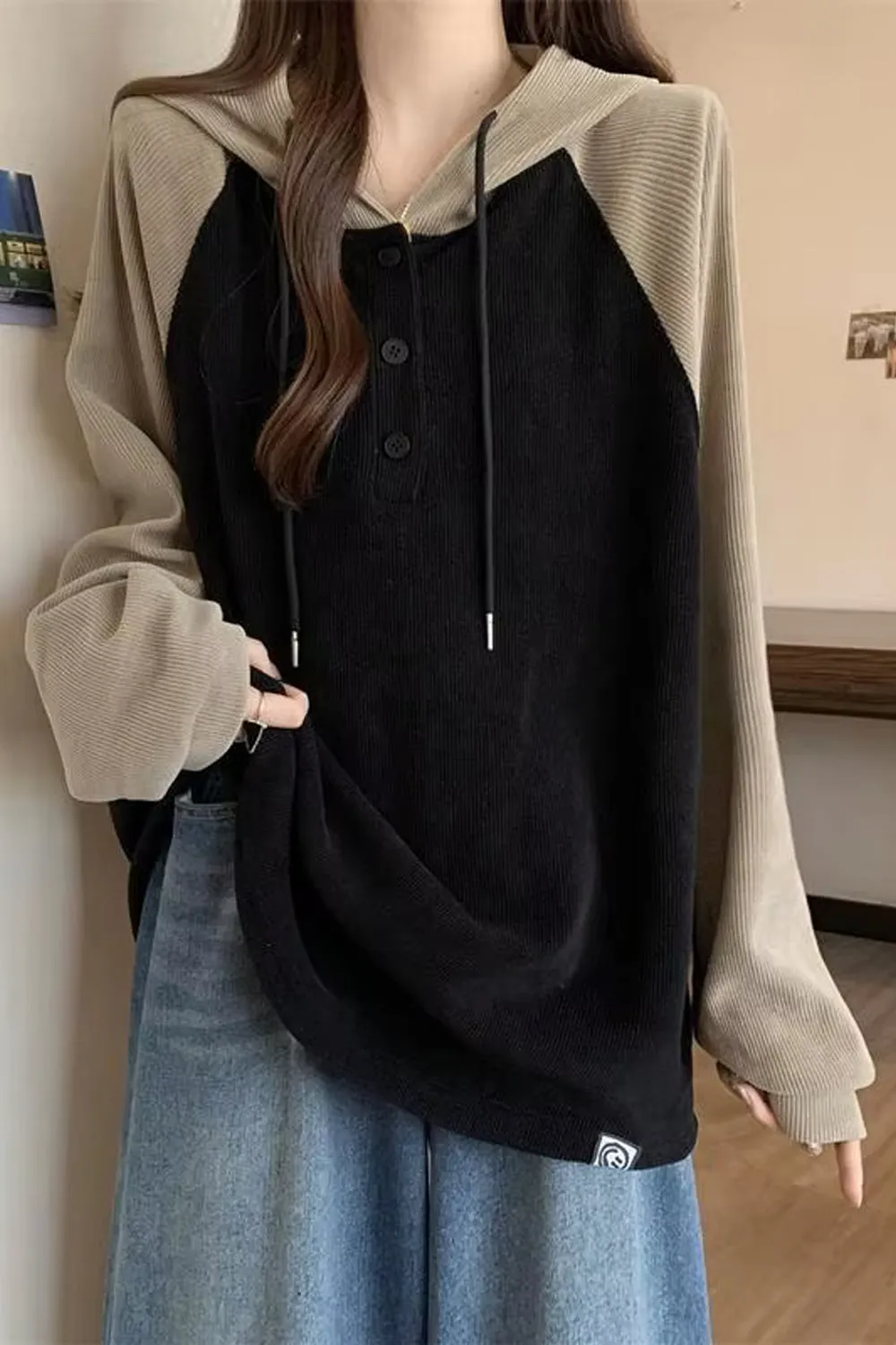 Loose Long Sleeve Two Colors Combination Hoodie