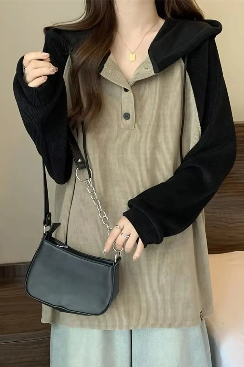 Loose Long Sleeve Two Colors Combination Hoodie