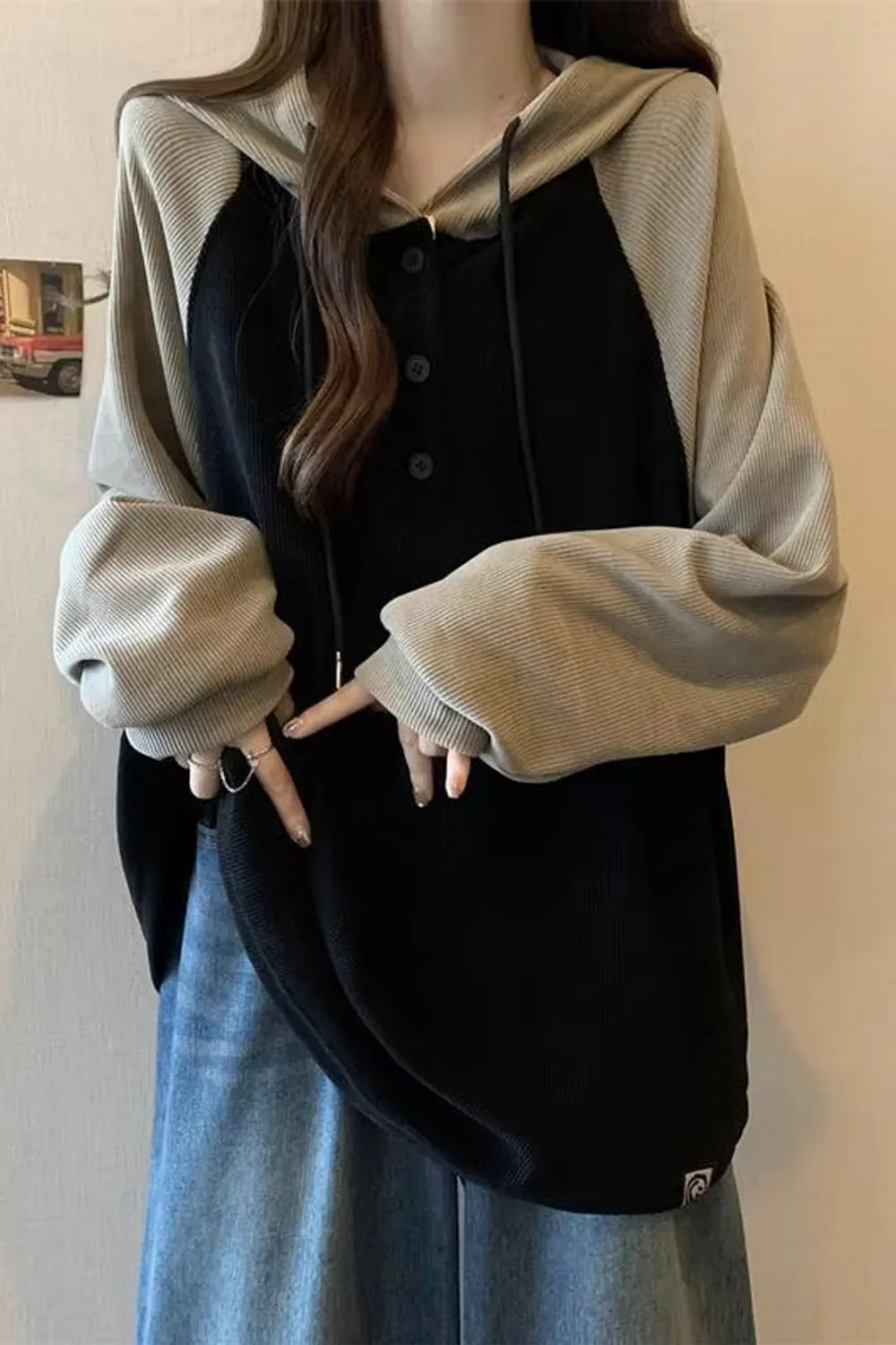 Loose Long Sleeve Two Colors Combination Hoodie