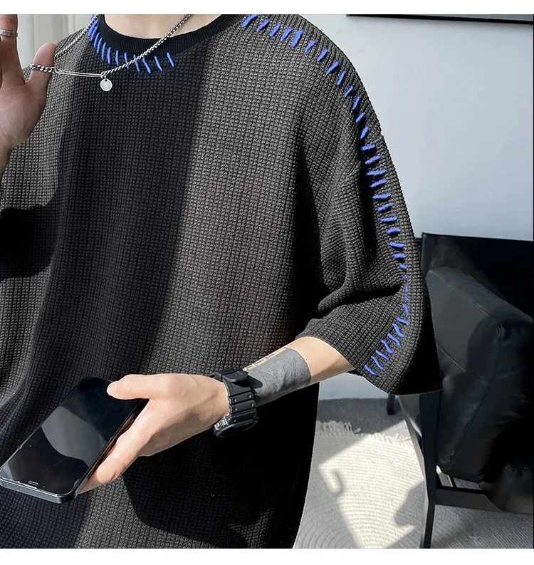 Loose Short Sleeve Suture Pattern Men Shirt