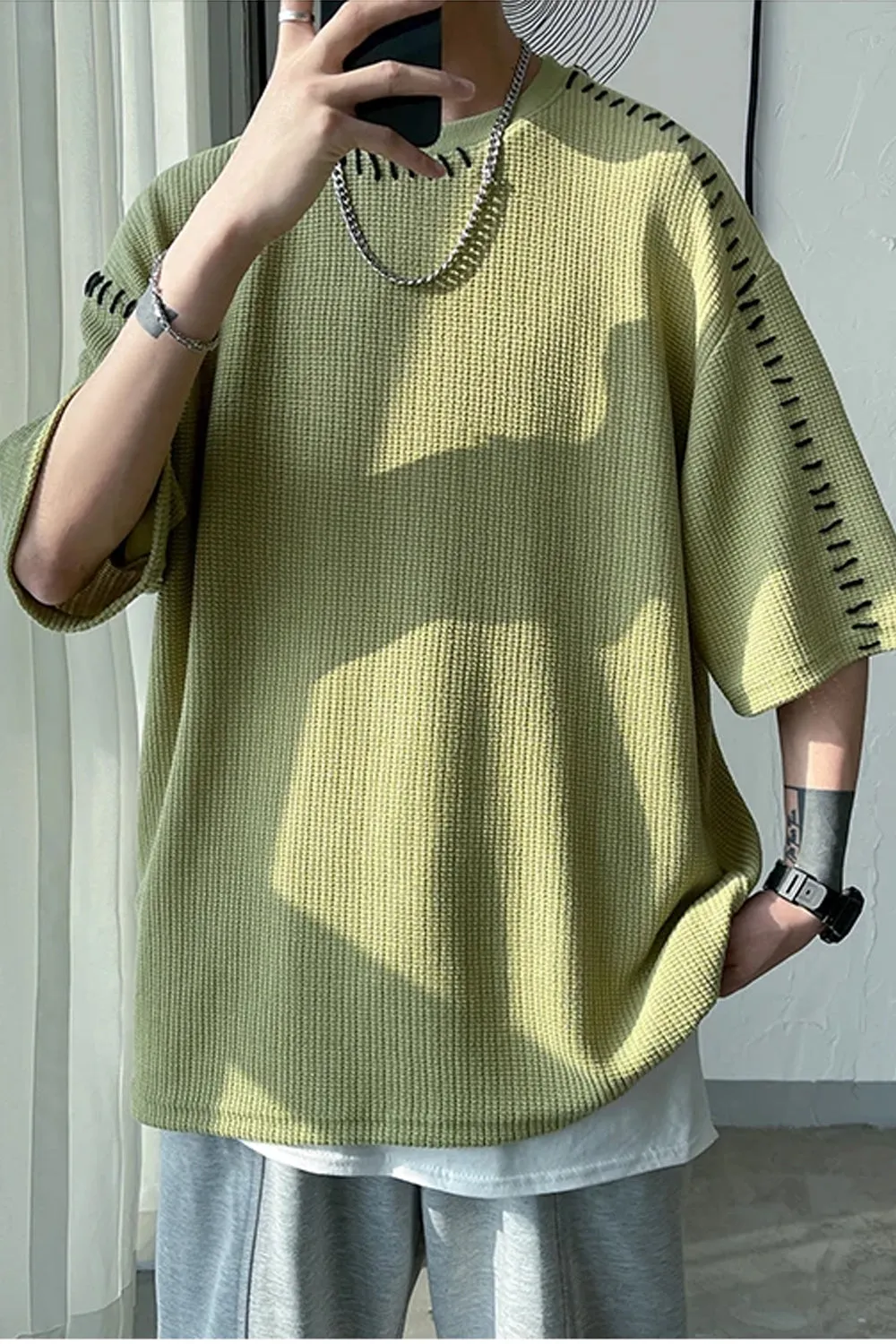 Loose Short Sleeve Suture Pattern Men Shirt