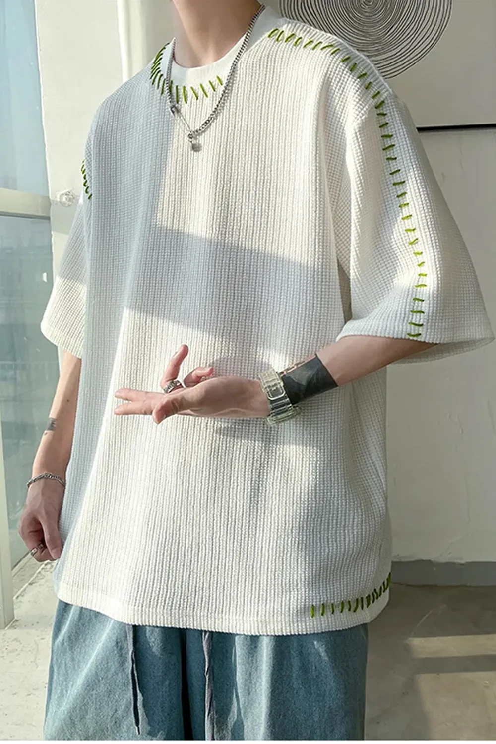 Loose Short Sleeve Suture Pattern Men Shirt
