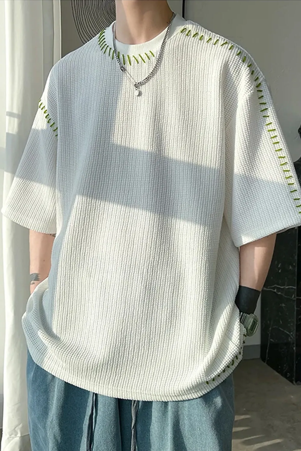 Loose Short Sleeve Suture Pattern Men Shirt