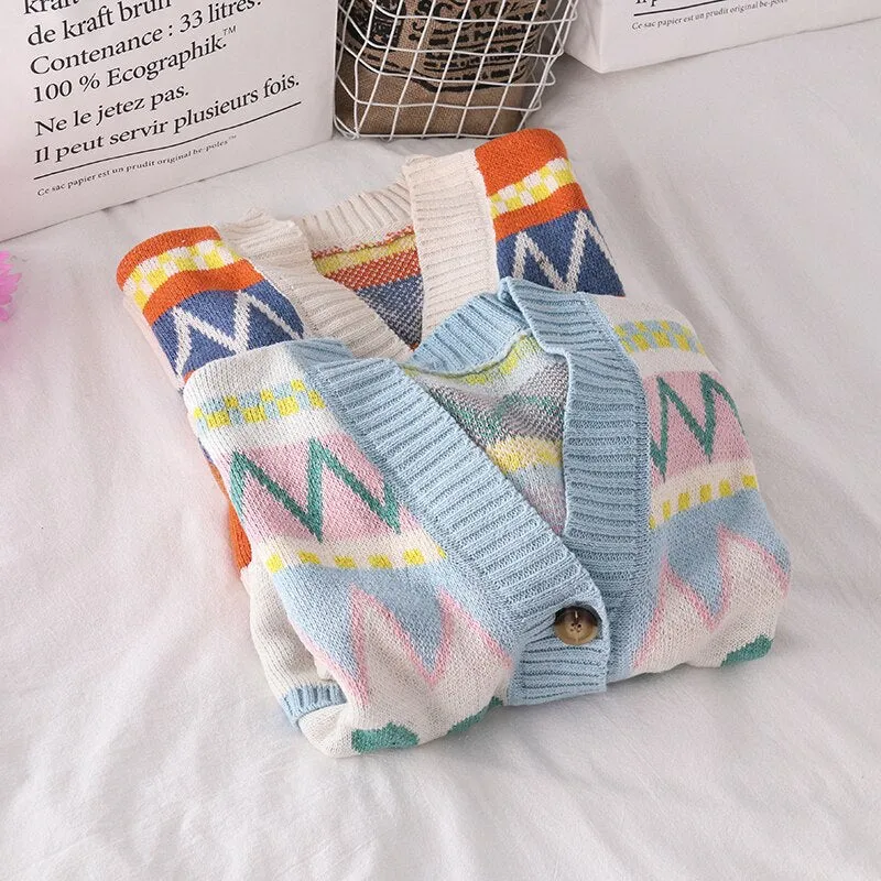 Love Pattern Cute Colors Loose Cardigan Sweater