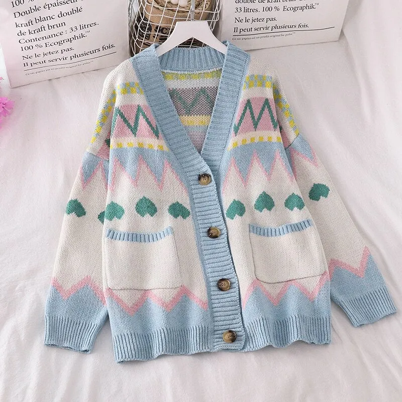 Love Pattern Cute Colors Loose Cardigan Sweater