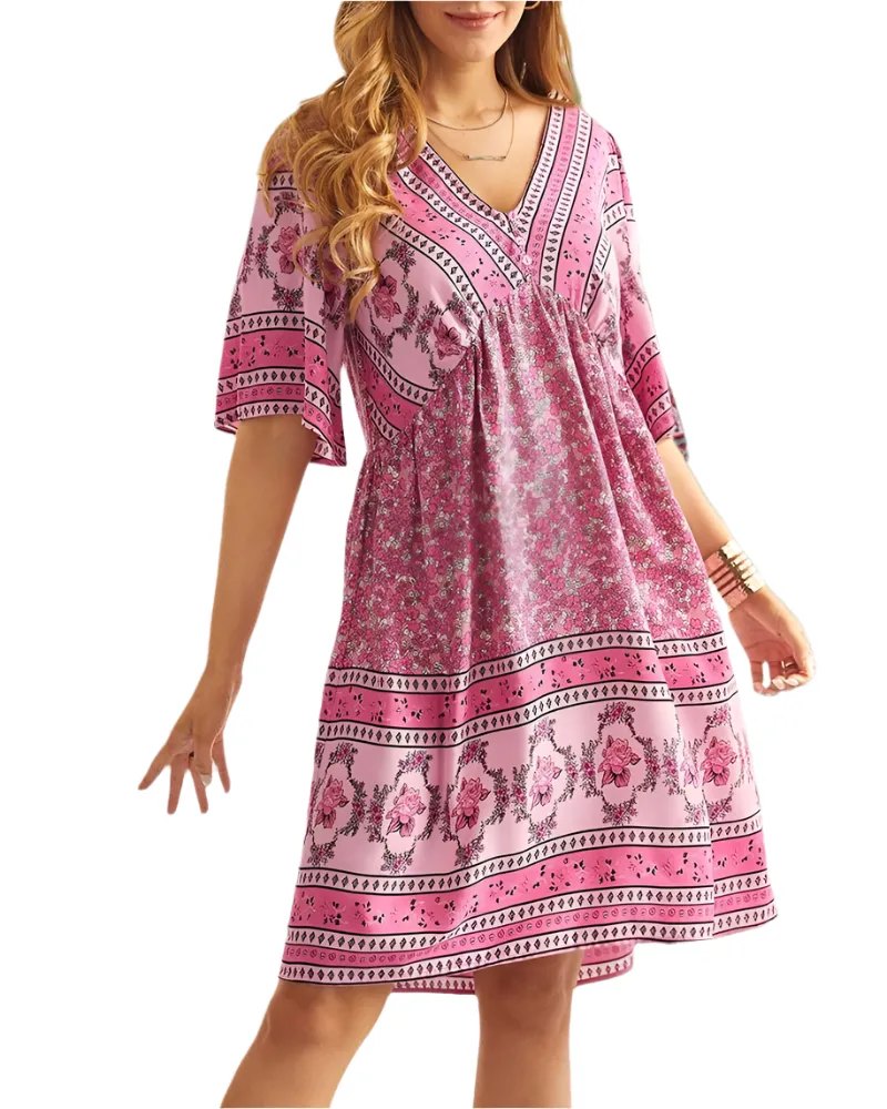 Lucia – Boho Floral V-Neck Women's Dress