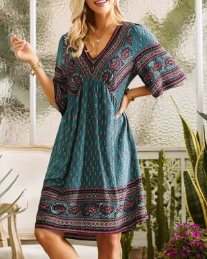 Lucia – Boho Floral V-Neck Women's Dress
