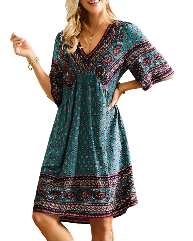 Lucia – Boho Floral V-Neck Women's Dress