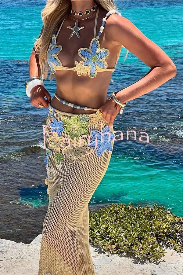 Luxe Knit Crochet Handmade Flower Beaded Waist Stretch Maxi Skirt