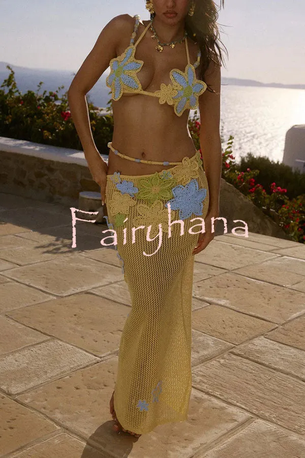 Luxe Knit Crochet Handmade Flower Beaded Waist Stretch Maxi Skirt