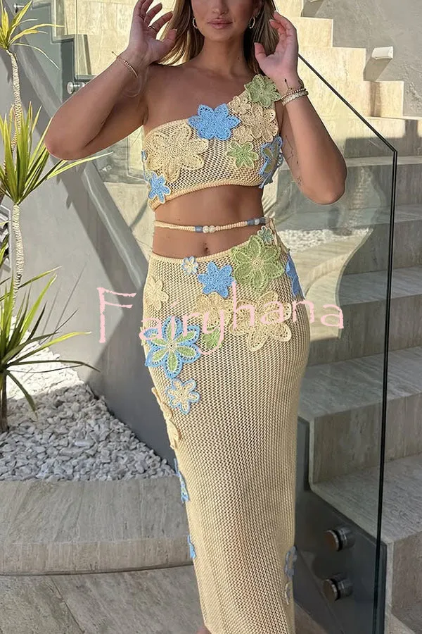 Luxe Knit Crochet Handmade Flower Beaded Waist Stretch Maxi Skirt