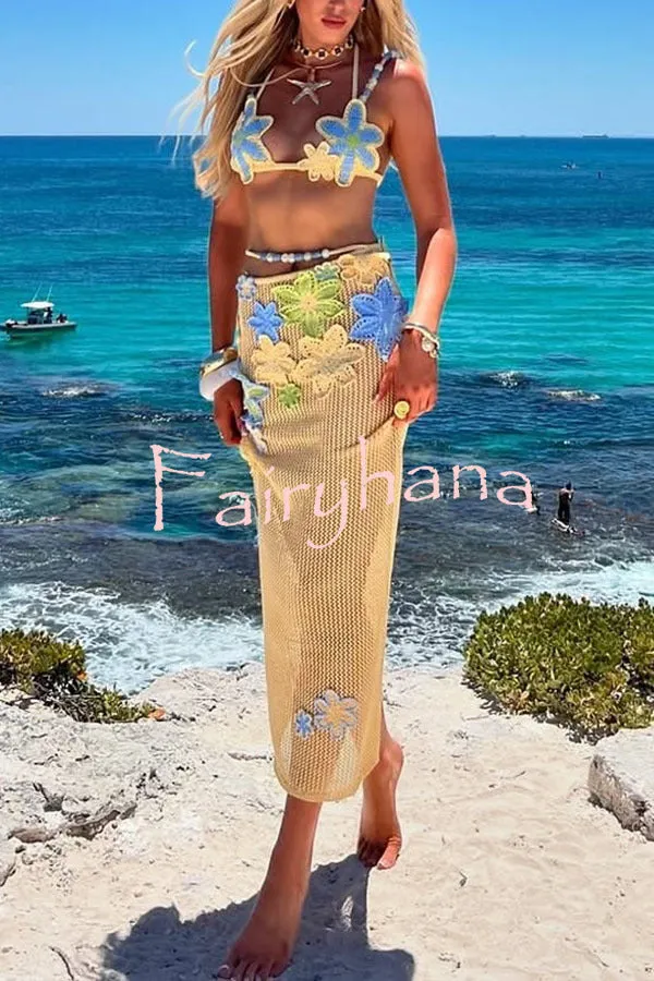 Luxe Knit Crochet Handmade Flower Beaded Waist Stretch Maxi Skirt