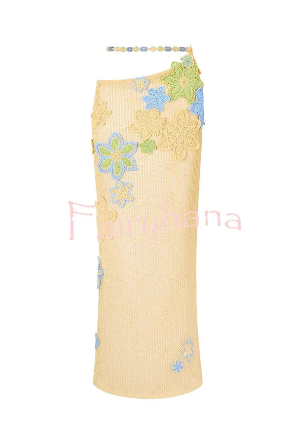 Luxe Knit Crochet Handmade Flower Beaded Waist Stretch Maxi Skirt